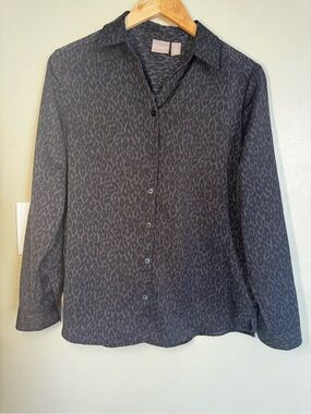 Chico's Charcoal and Black Leopard-Print Button-Front Blouse No Iron Medium